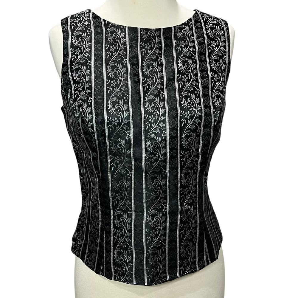Vintage 90s Scott‎ McClintock Top Womens 6 Black Brocade Floral Stripe Victorian